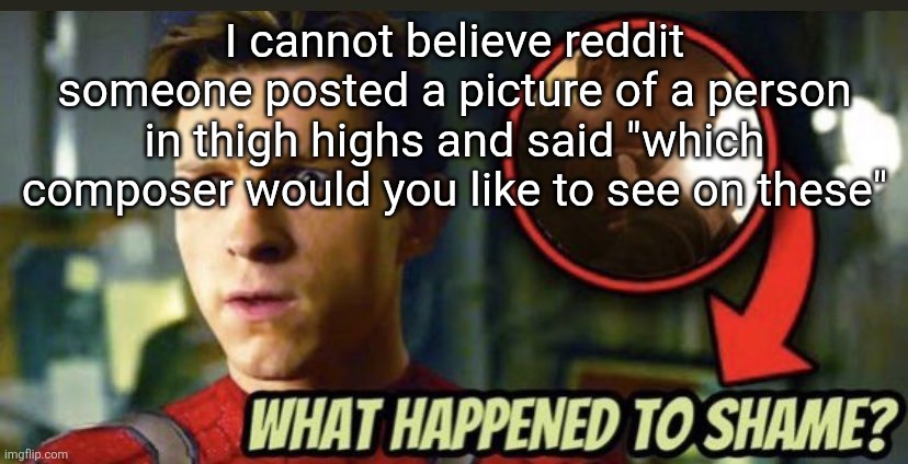 what happened to shame spiderman | I cannot believe reddit someone posted a picture of a person in thigh highs and said "which composer would you like to see on these" | image tagged in what happened to shame spiderman | made w/ Imgflip meme maker