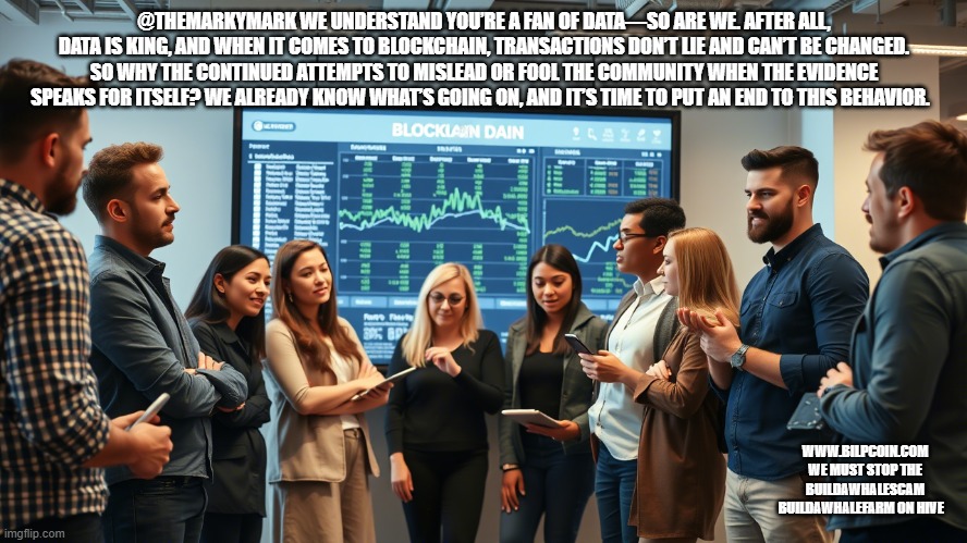 @THEMARKYMARK WE UNDERSTAND YOU’RE A FAN OF DATA—SO ARE WE. AFTER ALL, DATA IS KING, AND WHEN IT COMES TO BLOCKCHAIN, TRANSACTIONS DON’T LIE AND CAN’T BE CHANGED. SO WHY THE CONTINUED ATTEMPTS TO MISLEAD OR FOOL THE COMMUNITY WHEN THE EVIDENCE SPEAKS FOR ITSELF? WE ALREADY KNOW WHAT’S GOING ON, AND IT’S TIME TO PUT AN END TO THIS BEHAVIOR. WWW.BILPCOIN.COM WE MUST STOP THE BUILDAWHALESCAM BUILDAWHALEFARM ON HIVE | made w/ Imgflip meme maker