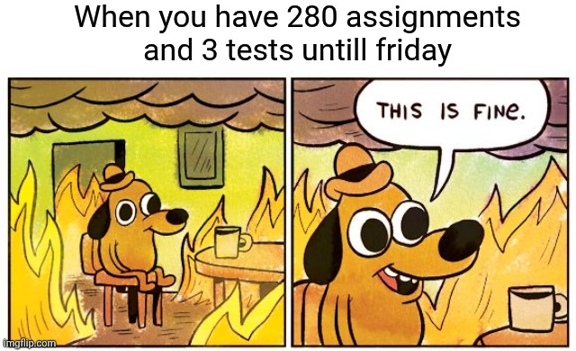 I have time.. (⁠・⁠–⁠・⁠;⁠) | When you have 280 assignments and 3 tests untill friday | image tagged in memes,this is fine | made w/ Imgflip meme maker