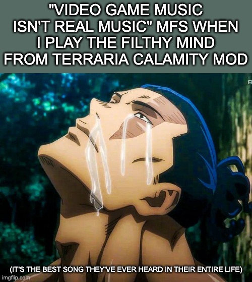 That song is peak | "VIDEO GAME MUSIC ISN'T REAL MUSIC" MFS WHEN I PLAY THE FILTHY MIND FROM TERRARIA CALAMITY MOD; (IT'S THE BEST SONG THEY'VE EVER HEARD IN THEIR ENTIRE LIFE) | image tagged in todo crying,terraria,music | made w/ Imgflip meme maker