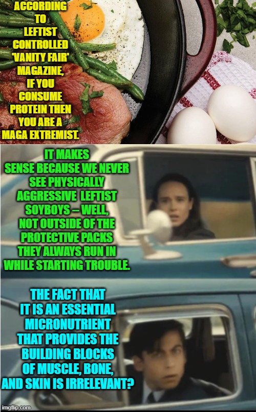Leftist controlled Vanity Fair and leftist controlled Scientific American have both become running jokes. | ACCORDING TO LEFTIST CONTROLLED 'VANITY FAIR' MAGAZINE, IF YOU CONSUME PROTEIN THEN YOU ARE A MAGA EXTREMIST. IT MAKES SENSE BECAUSE WE NEVER SEE PHYSICALLY AGGRESSIVE  LEFTIST SOYBOYS -- WELL, NOT OUTSIDE OF THE PROTECTIVE PACKS THEY ALWAYS RUN IN WHILE STARTING TROUBLE. THE FACT THAT IT IS AN ESSENTIAL MICRONUTRIENT THAT PROVIDES THE BUILDING BLOCKS OF MUSCLE, BONE, AND SKIN IS IRRELEVANT? | image tagged in yep | made w/ Imgflip meme maker