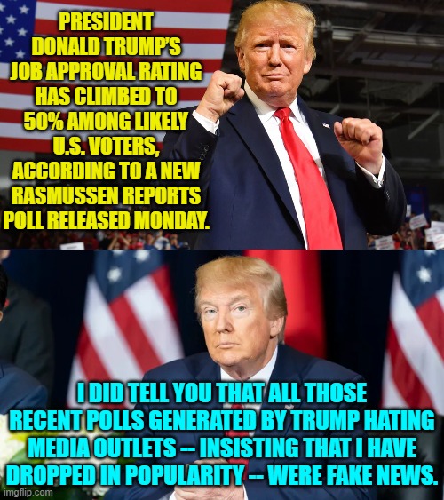 What a difference the actual truth makes. | PRESIDENT DONALD TRUMP’S JOB APPROVAL RATING HAS CLIMBED TO 50% AMONG LIKELY U.S. VOTERS, ACCORDING TO A NEW RASMUSSEN REPORTS POLL RELEASED MONDAY. I DID TELL YOU THAT ALL THOSE RECENT POLLS GENERATED BY TRUMP HATING MEDIA OUTLETS -- INSISTING THAT I HAVE DROPPED IN POPULARITY -- WERE FAKE NEWS. | image tagged in yep | made w/ Imgflip meme maker