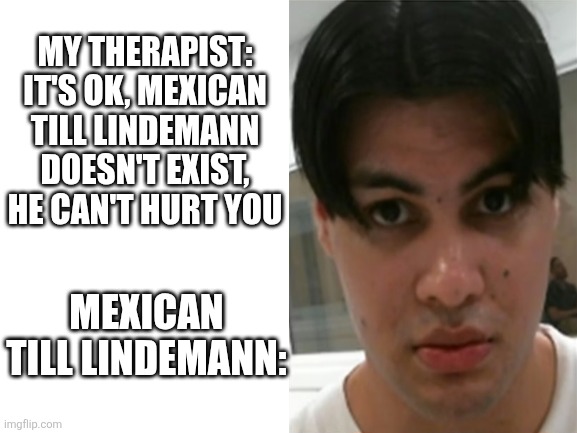 Mexican Till Lindemann | MY THERAPIST: IT'S OK, MEXICAN TILL LINDEMANN DOESN'T EXIST, HE CAN'T HURT YOU; MEXICAN TILL LINDEMANN: | image tagged in blank white template,rammstein,till lindemann,therapist,funny,memes | made w/ Imgflip meme maker