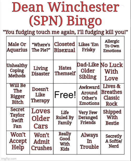 Dean Winchester Bingo Blank Meme Template