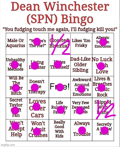 Do It If You Enjoy Your Free Will /Jk | image tagged in dean winchester bingo,classic rock,classic car,taylor swift,emotional damage,bitch please | made w/ Imgflip meme maker