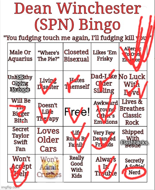 Dean Winchester Bingo | Idk how to cope Flashbacks. | image tagged in dean winchester bingo | made w/ Imgflip meme maker