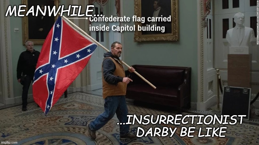Maga riot symbols Confederate flag | MEANWHILE... ...INSURRECTIONIST
DARBY BE LIKE | image tagged in maga riot symbols confederate flag | made w/ Imgflip meme maker