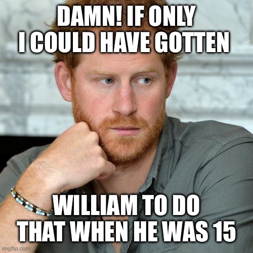 Prince Harry | DAMN! IF ONLY I COULD HAVE GOTTEN WILLIAM TO DO THAT WHEN HE WAS 15 | image tagged in prince harry | made w/ Imgflip meme maker