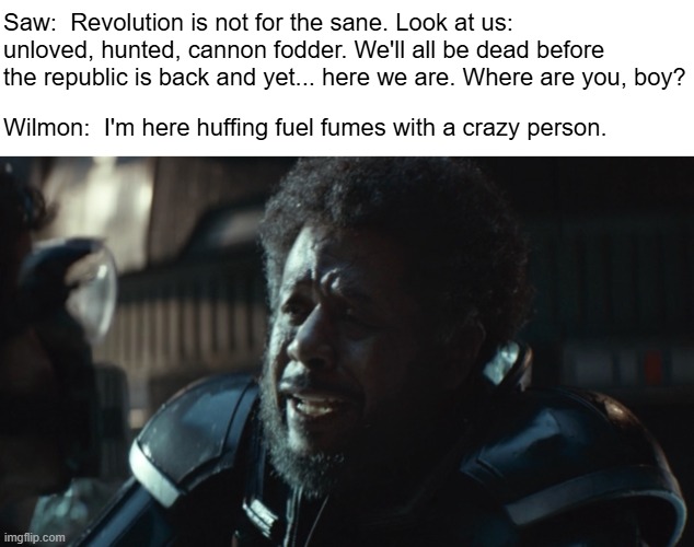 Saw:  Revolution is not for the sane. Look at us: unloved, hunted, cannon fodder. We'll all be dead before the republic is back and yet... here we are. Where are you, boy? Wilmon:  I'm here huffing fuel fumes with a crazy person. | image tagged in saw gerrera,andor | made w/ Imgflip meme maker