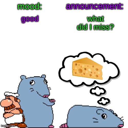 street rat announcement V2 | good; what did I miss? | image tagged in street rat announcement v2 | made w/ Imgflip meme maker