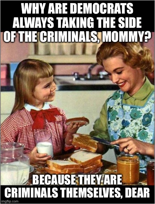 Mother and Daughter | WHY ARE DEMOCRATS ALWAYS TAKING THE SIDE OF THE CRIMINALS, MOMMY? BECAUSE THEY ARE CRIMINALS THEMSELVES, DEAR | image tagged in mother and daughter | made w/ Imgflip meme maker