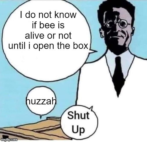 huzzah | I do not know if bee is alive or not until i open the box; huzzah | image tagged in schrodinger box | made w/ Imgflip meme maker
