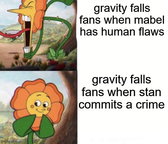mabel haters be like: | gravity falls fans when mabel has human flaws; gravity falls fans when stan commits a crime | image tagged in cagney carnation | made w/ Imgflip meme maker