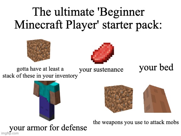 wait...where is your bed? | The ultimate 'Beginner Minecraft Player' starter pack:; gotta have at least a stack of these in your inventory; your bed; your sustenance; the weapons you use to attack mobs; your armor for defense | image tagged in blank white template,minecraft | made w/ Imgflip meme maker