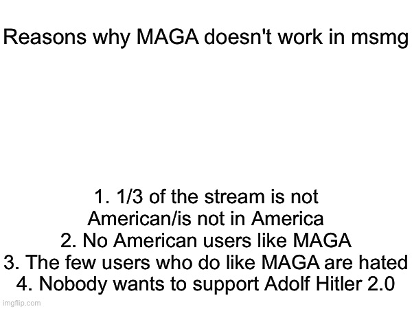Reasons why MAGA doesn't work in msmg; 1. 1/3 of the stream is not American/is not in America
2. No American users like MAGA
3. The few users who do like MAGA are hated
4. Nobody wants to support Adolf Hitler 2.0 | image tagged in msmg | made w/ Imgflip meme maker