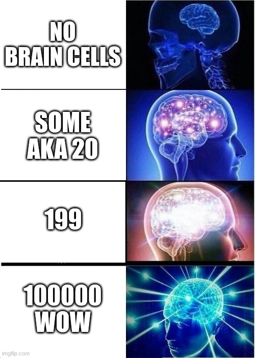 Expanding Brain | NO BRAIN CELLS; SOME AKA 20; 199; 100000 WOW | image tagged in memes,expanding brain | made w/ Imgflip meme maker