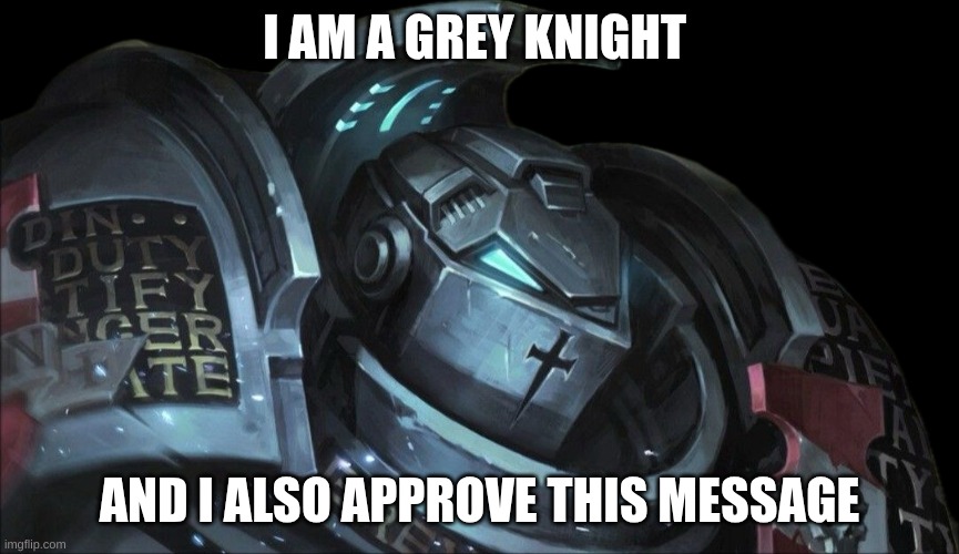 Grey Knight Warhammer | I AM A GREY KNIGHT AND I ALSO APPROVE THIS MESSAGE | image tagged in grey knight warhammer | made w/ Imgflip meme maker