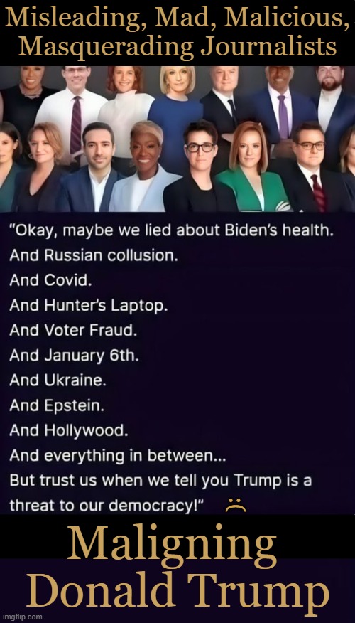 The Lying Media | Misleading, Mad, Malicious,
Masquerading Journalists; :(; Maligning 
Donald Trump | image tagged in mainstream media,media lies,biased media,liberal media,donald trump,the truth | made w/ Imgflip meme maker