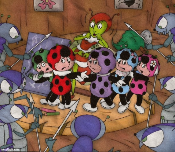 Cococinel 1992 (Cocomiel) Madame Cigale, the attack of the Decorticus | image tagged in cococinel,cocomiel,ladybug cartoon,attack | made w/ Imgflip meme maker