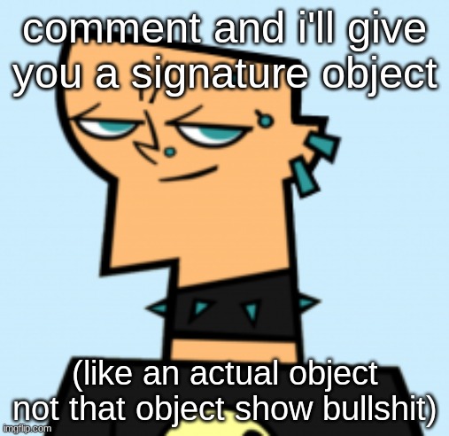 duncan | comment and i'll give you a signature object; (like an actual object not that object show bullshit) | image tagged in duncan | made w/ Imgflip meme maker