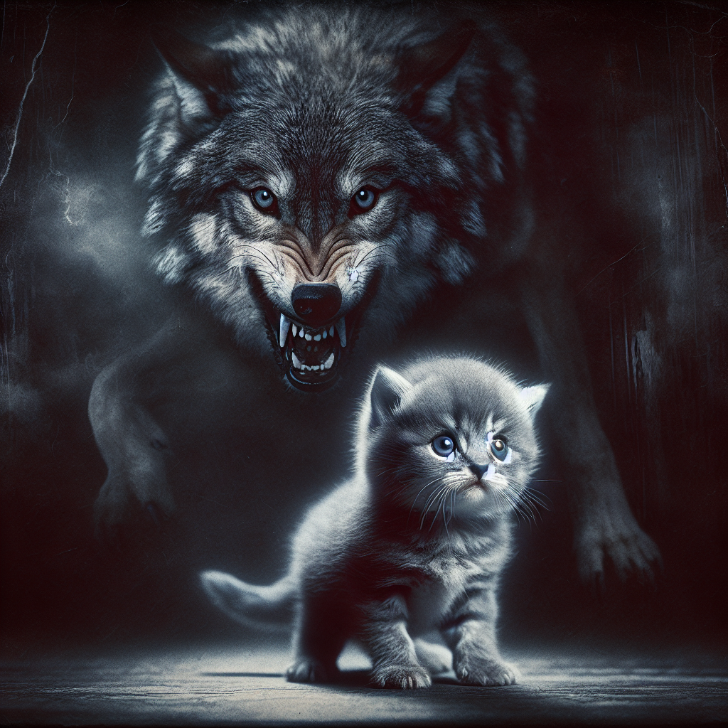 High Quality Cute kitten chased by wolf Blank Meme Template
