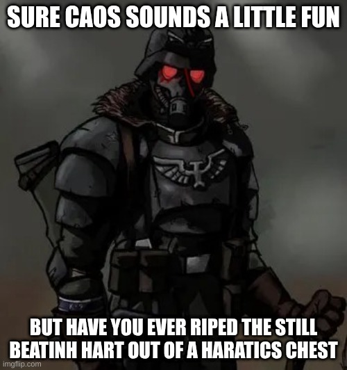 Krieg grenadier | SURE CAOS SOUNDS A LITTLE FUN; BUT HAVE YOU EVER RIPED THE STILL BEATINH HART OUT OF A HARATICS CHEST | image tagged in krieg grenadier | made w/ Imgflip meme maker