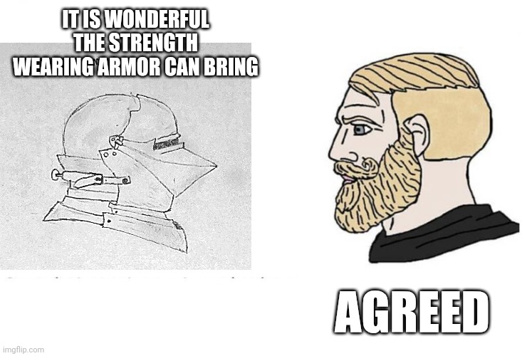 The helmet kinda reminds me of Chad so I did this | IT IS WONDERFUL THE STRENGTH WEARING ARMOR CAN BRING; AGREED | image tagged in soyjak chad | made w/ Imgflip meme maker
