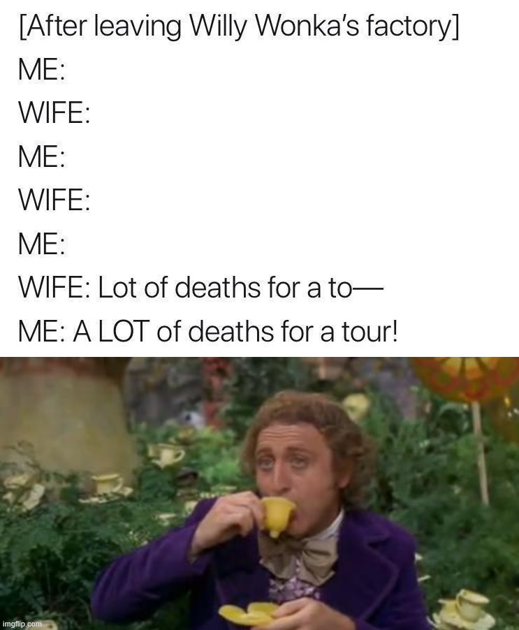 Liked to harm kids | image tagged in willy wonka drinking tea | made w/ Imgflip meme maker