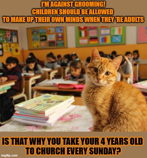 This #lolcat wonders why hoo-mans indoctrinate their children | I'M AGAINST GROOMING!
CHILDREN SHOULD BE ALLOWED 
TO MAKE UP THEIR OWN MINDS WHEN THEY 'RE ADULTS; IS THAT WHY YOU TAKE YOUR 4 YEARS OLD 
TO CHURCH EVERY SUNDAY? | image tagged in children,grooming,indoctrination,conservative hypocrisy,lolcat | made w/ Imgflip meme maker