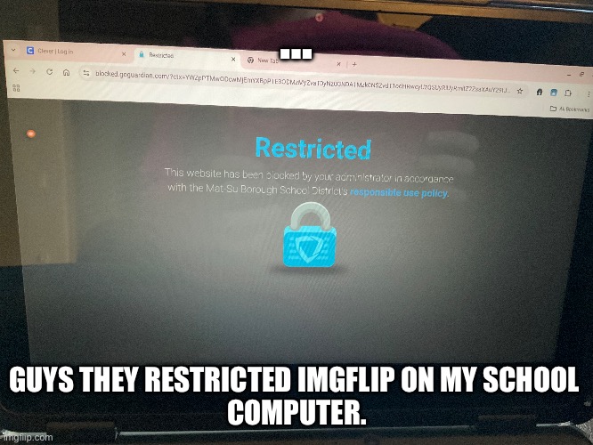 .. | …; GUYS THEY RESTRICTED IMGFLIP ON MY SCHOOL 
COMPUTER. | image tagged in idk | made w/ Imgflip meme maker