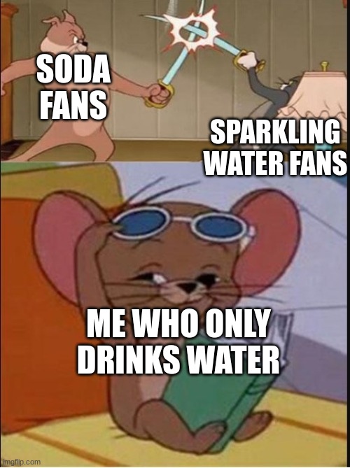 sparkling water tastes like acid and soda tastes like a rabid dog's mouth | SODA FANS; SPARKLING WATER FANS; ME WHO ONLY DRINKS WATER | image tagged in tom and spike fighting,memes,funny,come for me i dont care | made w/ Imgflip meme maker