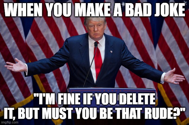 bruh | WHEN YOU MAKE A BAD JOKE; "I'M FINE IF YOU DELETE IT, BUT MUST YOU BE THAT RUDE?" | image tagged in donald trump | made w/ Imgflip meme maker