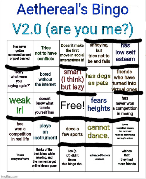 Aethereal's Bingo V2.0 | image tagged in aethereal's bingo v2 0 | made w/ Imgflip meme maker