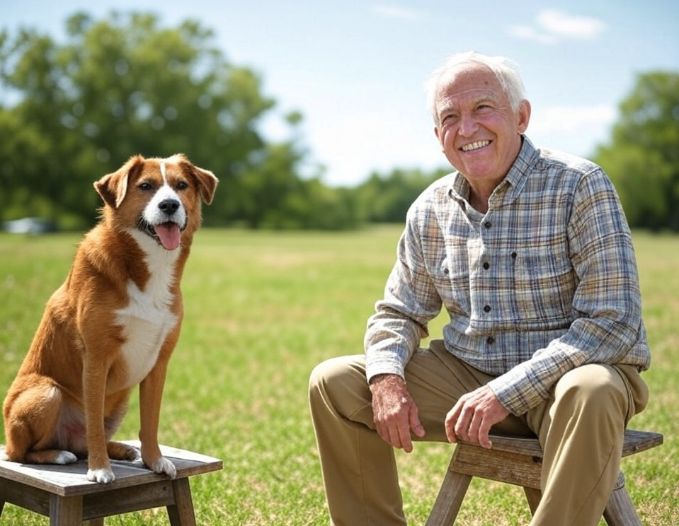 Old elderly man laughing dog woods bench Blank Meme Template