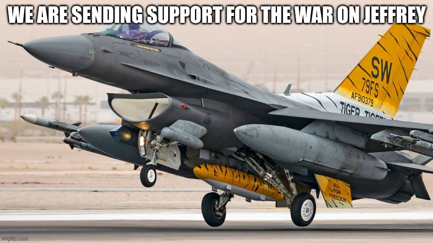 jet fighter | WE ARE SENDING SUPPORT FOR THE WAR ON JEFFREY | image tagged in jet fighter | made w/ Imgflip meme maker