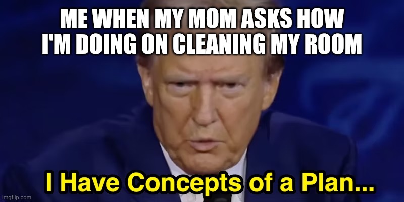 I have concepts of a plan | ME WHEN MY MOM ASKS HOW I'M DOING ON CLEANING MY ROOM | image tagged in i have concepts of a plan | made w/ Imgflip meme maker