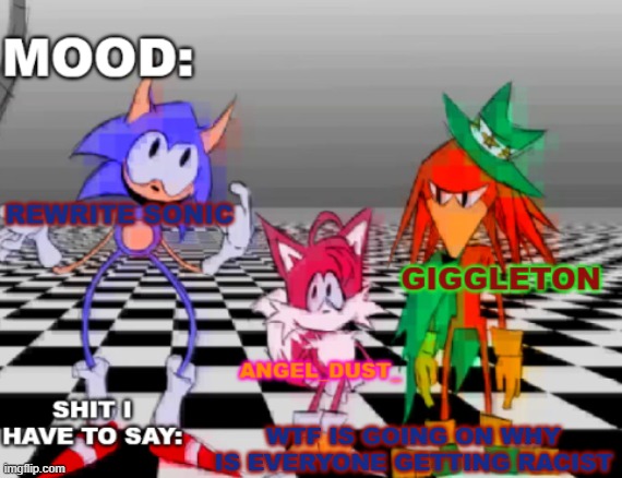 Rewrite, Giggleton , Angel_Dust_ shared annoucement temp | WTF IS GOING ON WHY IS EVERYONE GETTING RACIST | image tagged in rewrite giggleton angel_dust_ shared annoucement temp | made w/ Imgflip meme maker