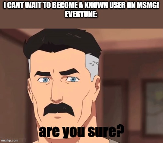 Are you sure omni man | I CANT WAIT TO BECOME A KNOWN USER ON MSMG!
EVERYONE:; are you sure? | image tagged in are you sure omni man | made w/ Imgflip meme maker