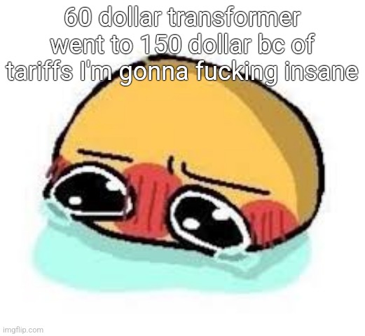 amb shamb bbbmba | 60 dollar transformer went to 150 dollar bc of tariffs I'm gonna fucking insane | image tagged in amb shamb bbbmba | made w/ Imgflip meme maker
