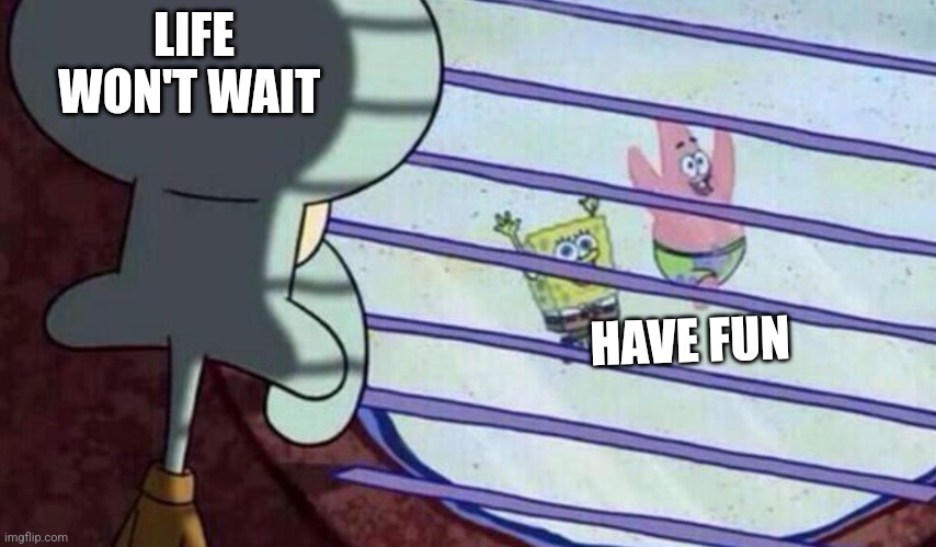 Have Fun | LIFE WON'T WAIT; HAVE FUN | image tagged in spongebob looking out window,funny memes | made w/ Imgflip meme maker
