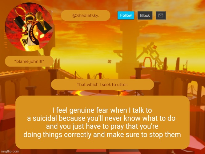 YOU NEVER WANT TO GO THROUGH THIS. NOT EVEN IF YOU WANNA BE A HERO | I feel genuine fear when I talk to a suicidal because you'll never know what to do 
and you just have to pray that you're doing things correctly and make sure to stop them | image tagged in shedletsky's template | made w/ Imgflip meme maker