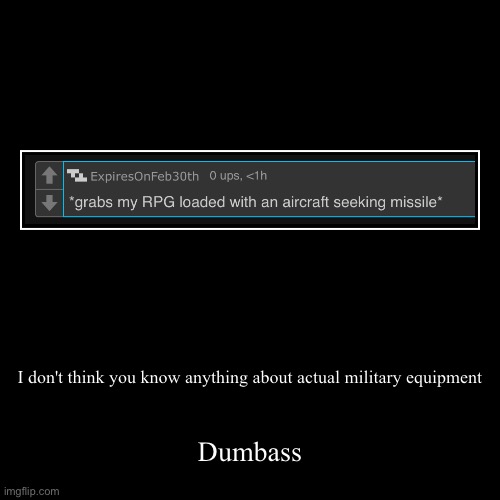 I don't think you know anything about actual military equipment | Dumbass | image tagged in funny,demotivationals | made w/ Imgflip demotivational maker