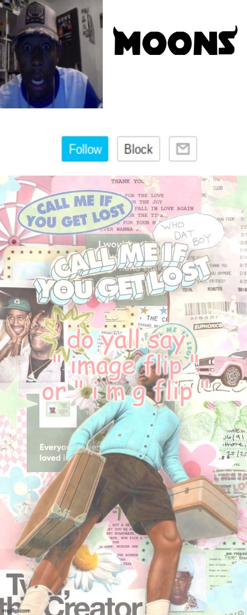 Moons. Tyler temp ( thanks yachi ) | do yall say " image flip " or " i m g flip " | image tagged in moons tyler temp thanks yachi | made w/ Imgflip meme maker