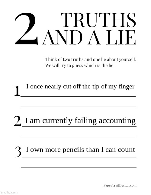 I'd like to see everyone's answers. | I once nearly cut off the tip of my finger; I am currently failing accounting; I own more pencils than I can count | made w/ Imgflip meme maker