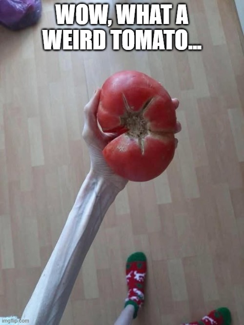 the Tomato is Weird? | WOW, WHAT A WEIRD TOMATO... | image tagged in cursed image | made w/ Imgflip meme maker