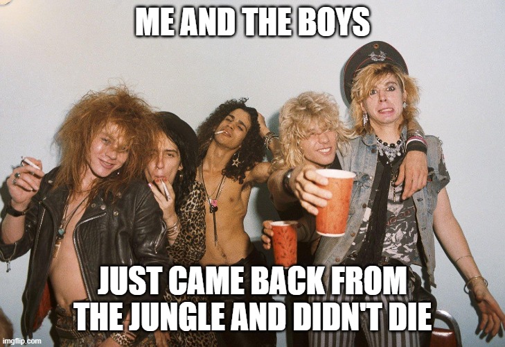 Welcome to the Jungle | ME AND THE BOYS; JUST CAME BACK FROM THE JUNGLE AND DIDN'T DIE | image tagged in guns n roses,me and the boys | made w/ Imgflip meme maker