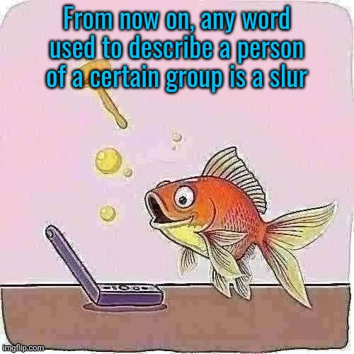 Goldfish cheering at flip phone | From now on, any word used to describe a person of a certain group is a slur | image tagged in goldfish cheering at flip phone | made w/ Imgflip meme maker