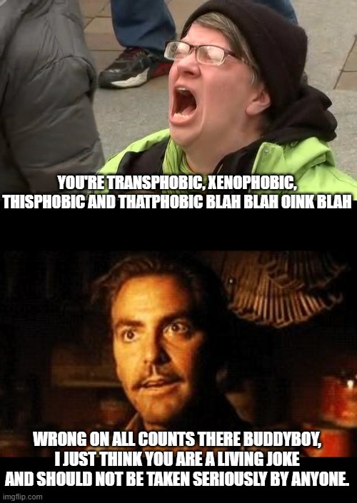 whoops.. funny how memes that have truth in them get labeled as  "phobic"  LMFAO | YOU'RE TRANSPHOBIC, XENOPHOBIC, THISPHOBIC AND THATPHOBIC BLAH BLAH OINK BLAH; WRONG ON ALL COUNTS THERE BUDDYBOY, I JUST THINK YOU ARE A LIVING JOKE AND SHOULD NOT BE TAKEN SERIOUSLY BY ANYONE. | image tagged in 'liberal' 'adults' scream at the sky,george clooney,donald trump approves,stupid liberals,political humor | made w/ Imgflip meme maker