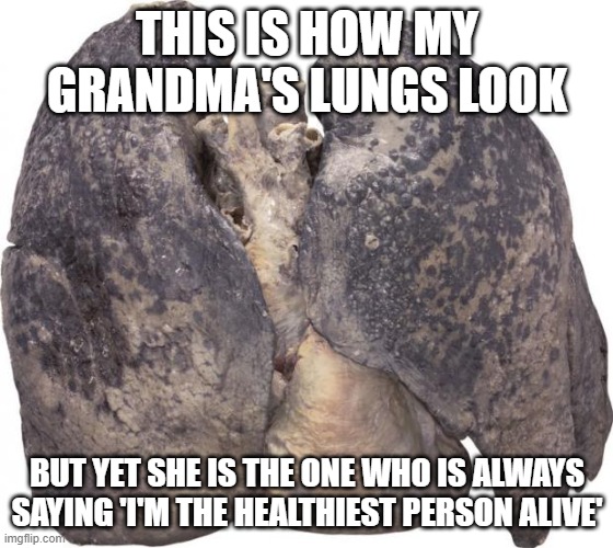 black lung | THIS IS HOW MY GRANDMA'S LUNGS LOOK; BUT YET SHE IS THE ONE WHO IS ALWAYS SAYING 'I'M THE HEALTHIEST PERSON ALIVE' | image tagged in black lung | made w/ Imgflip meme maker