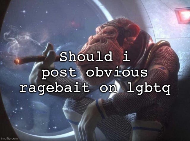Space monkey smoking cigar | Should i post obvious ragebait on lgbtq | image tagged in space monkey smoking cigar,msmg | made w/ Imgflip meme maker